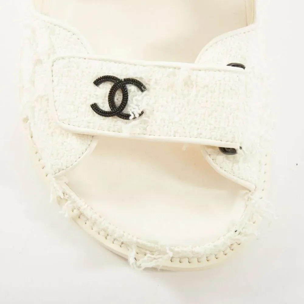 Chanel 2021 White Tweed Dad Sandals